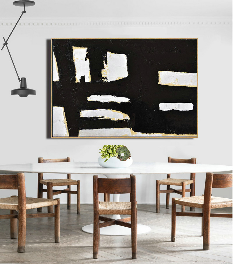 Hand Painted Aclylic Painting On Canvas,Horizontal Palette Knife Minimal Canvas Art Painting Black White Beige - Modern Art Abstract Painting